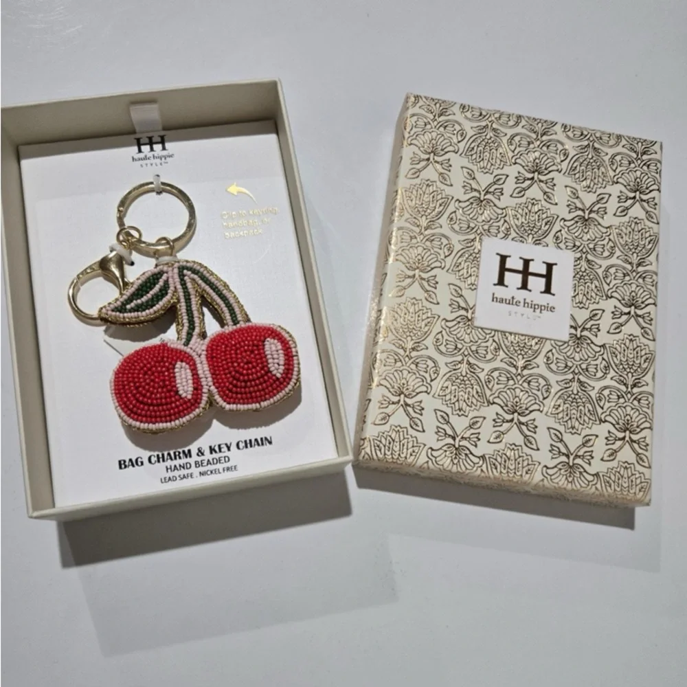 HAUTE HIPPIE STYLE Hand-Beaded Crafted Cherry Keychain Bag Purse Charm NEW NWT